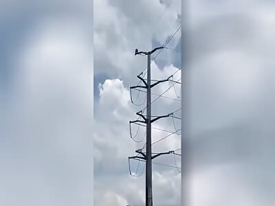 Suicidal man jumps from the top of power line (at 28sec). 