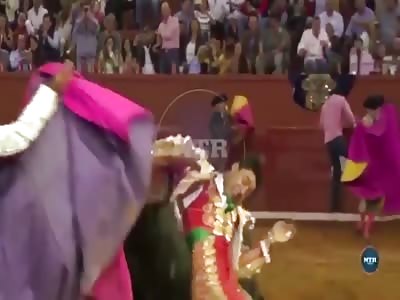 Matador is tossed around ring after 500kg bull's horn gets stuck in his armpit
