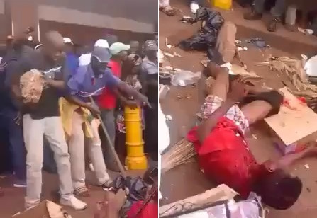 A Banana Thief Wearing the Red Shirt is Beaten by Mob